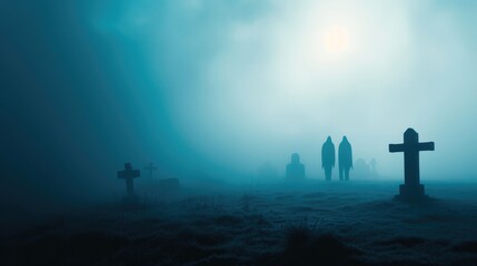 Fototapeta premium Sinister Shadows Among Foggy Tombstones