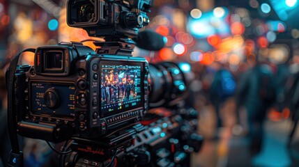 Fototapeta premium A DSLR Camera Captures the Buzz of a Nighttime City.