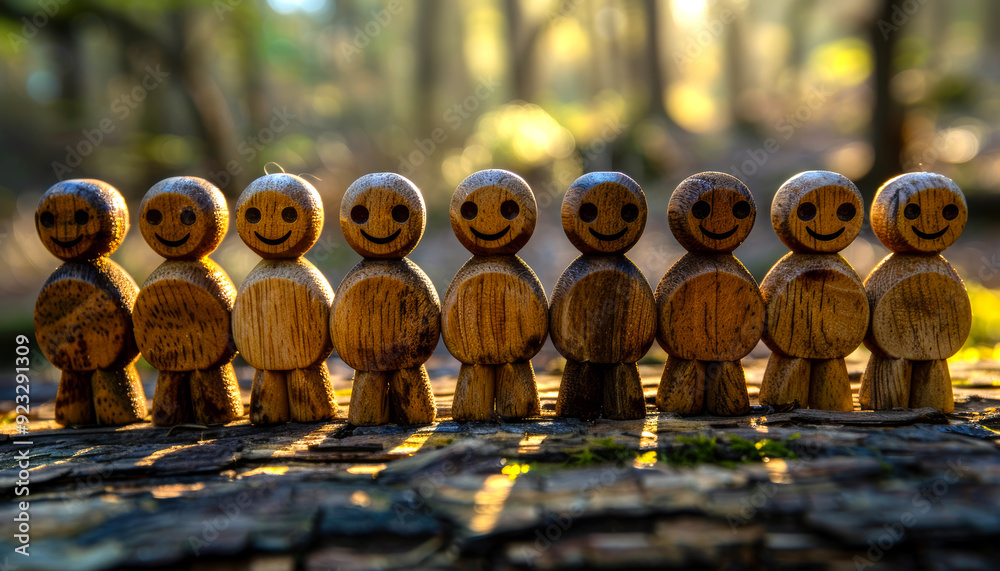 Wall mural A group of wooden figurines are lined up in a row, all smiling. Concept of happiness and positivity