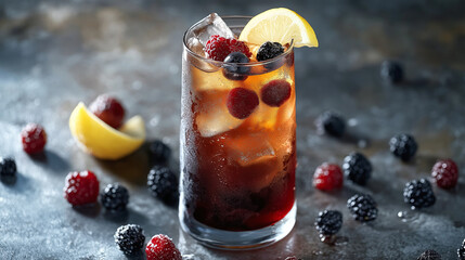 Cold drink with ice cube and lemon in glass