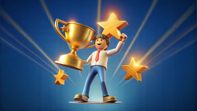 3d celebrate winners with golden cup, prize winners stars in holding hand. 3d award ceremony concept with hand hold winner cartoon style. 3d trophy success icon vector render illustration