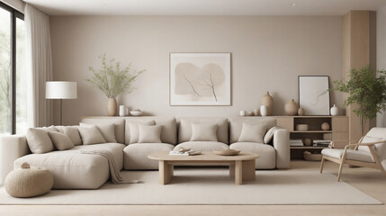 Design a modern living room that combines minimalist principles with organic elements