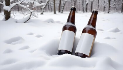 Two cold beer bottles in the snow, with a snowy forest background