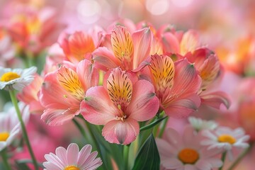 A close-up shot of delicate pink Alstroemeria flowers with their intricate patterns and soft petals.