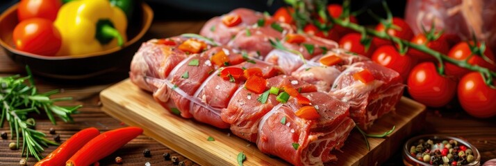 Fresh raw pork rolls with vegetables, uncooked meat roulade