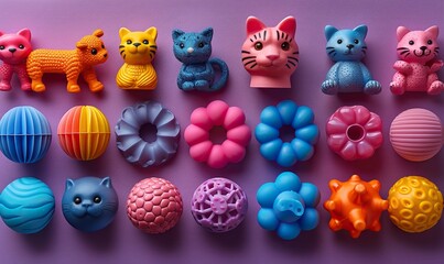 vertical banner template for pet shop pet toys,accessories on purple table top view.