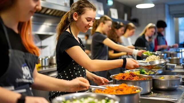 Young woman in kitchen preparing food.