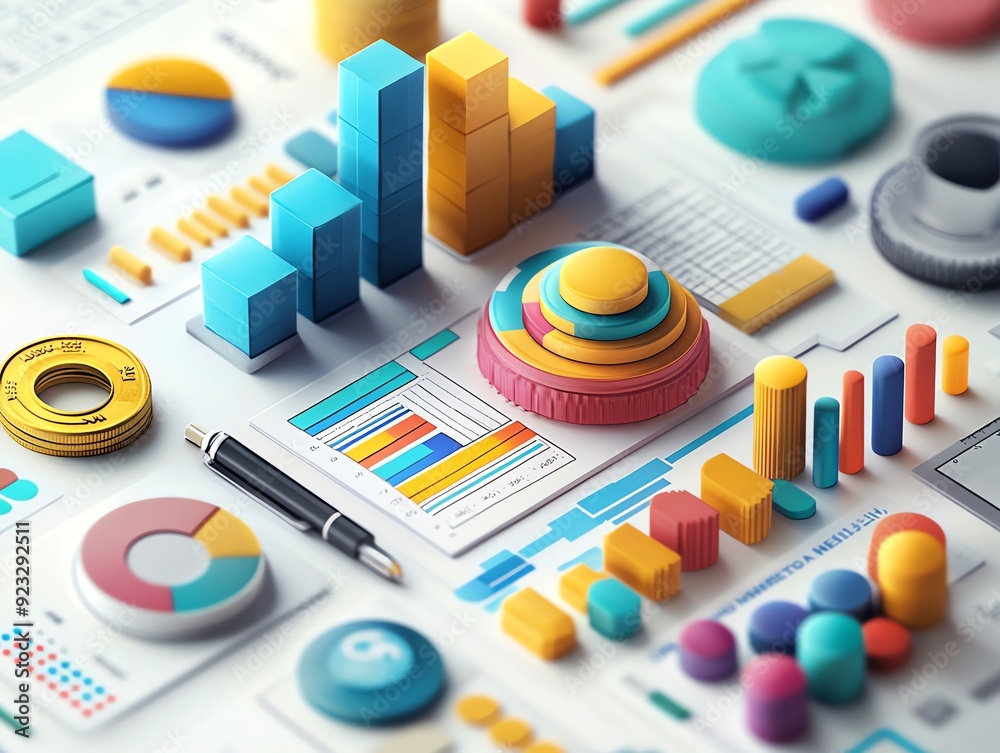Poster colorful 3d charts and graphs on a white desk.