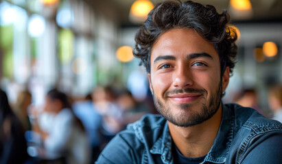 Obraz premium A man with a beard and a smile is sitting at a table in a restaurant. He is surrounded by other people, some of whom are also smiling. The atmosphere seems to be friendly and relaxed