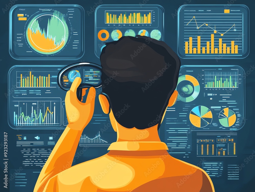 Poster Man analyzing data and charts on futuristic screens.