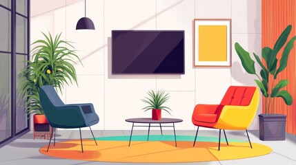 Fototapeta premium Creative illustration of a video conference call setup, featuring modern furniture and bright colors