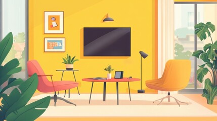 Fototapeta premium Creative illustration of a video conference call setup, featuring modern furniture and bright colors