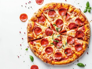 2 Pepperoni pizza with melted cheese slices spread out white background bird's-eye view