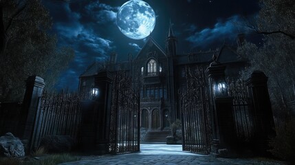 Spooky Gothic Manor at Night with Overgrown Gates