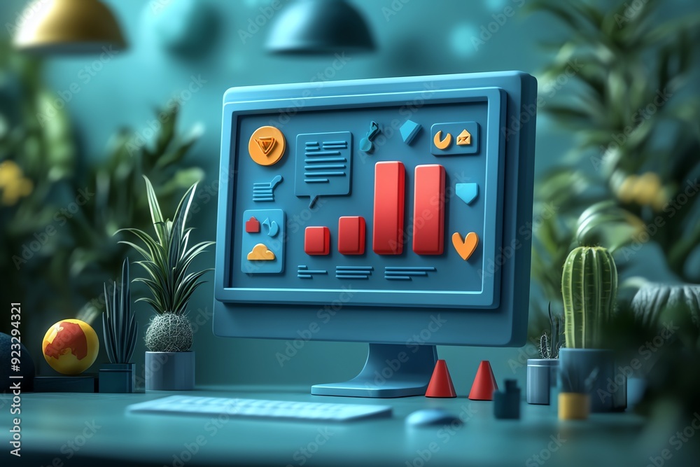 Poster Computer screen with colorful 3D icons in a home office setting.