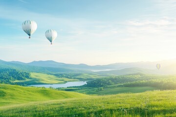 Obraz premium Colorful hot air balloons floating above a scenic landscape, creating a vibrant and festive atmosphere.