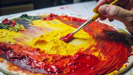 Obraz premium A close-up of an artist's hand mixing colors on a palette, with bright splashes of red and yellow blending together, a partially completed painting in the background.