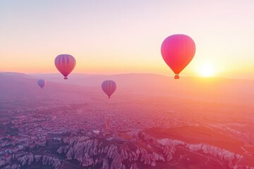 Fototapeta premium Multicolored hot air balloons drifting over a rocky landscape with a clear turquoise sky, creating a dreamy and adventurous scene.