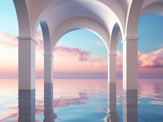 Gorgeous abstract Zen seascape background. Nordic surreal scenery with geometric mirror arches