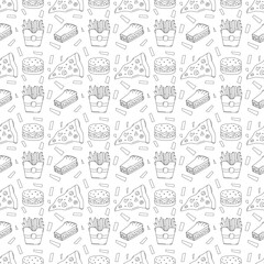 Obraz premium Seamless fast food pattern. fast food background. Doodle fastfood icons. Drawn food pattern