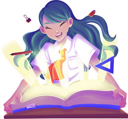 Girl Student Studying with Book Illustration