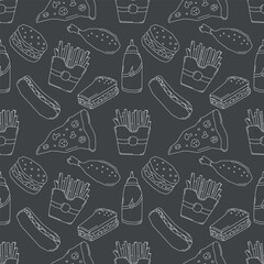 Seamless fast food pattern. fast food background. Doodle fastfood icons. Drawn food pattern