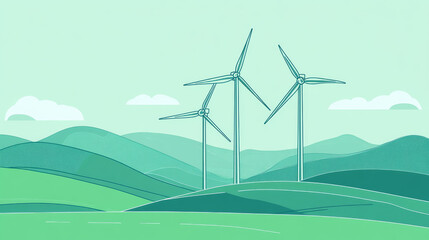 Fototapeta premium A simple illustration of wind turbines on a green hill, surrounded by clouds and birds, representing clean energy and environmental sustainability.