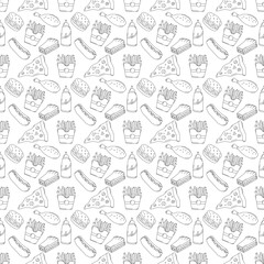 Seamless fast food pattern. fast food background. Doodle fastfood icons. Drawn food pattern