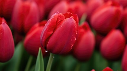 Fototapeta premium Cheerful Tulips with Dew in Sunlit Garden