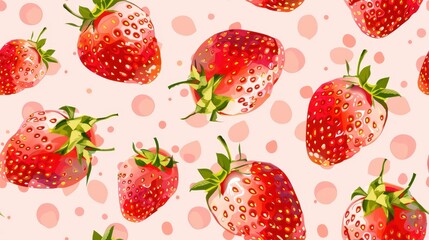 Playful seamless pattern featuring stylized strawberries with navy leaves and dots on a pink background. Perfect for modern, fun, and whimsical designs.