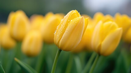 Naklejka premium Yellow Tulip Blossoms in a Sunny Field