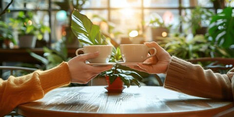 Two hands holding takeaway coffee cups, toasting in a vibrant, plant-filled café. The atmosphere is lively and green, promoting a sense of community.