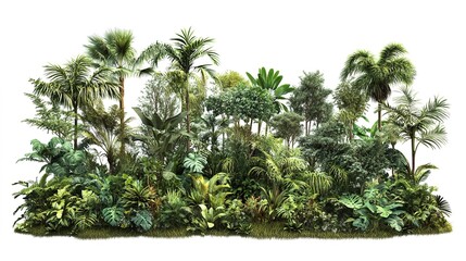 A lush tropical rainforest with tall trees and a diverse array of plants, isolated on white background 