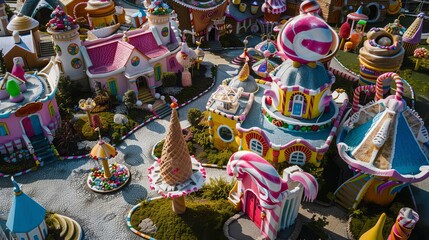 25 Whimsical ice cream village with colorful cones and candy decor bird's-eye view