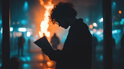 Silhouette of a man working on a computer in an office with a fiery sunset backdrop, symbolizing dedication and resilience.
