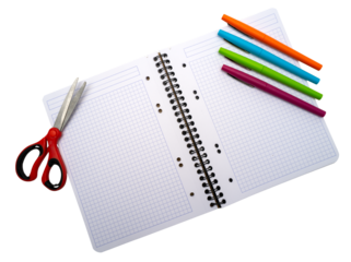 carnet, ciseaux et stylos, PNG sur fond transparent