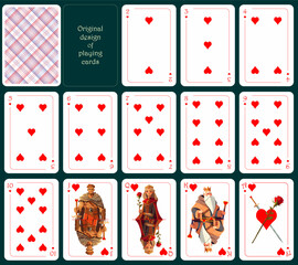 Original design of playing cards. All cards are hearts. Standard poker deck from two to ace. All cards are hearts