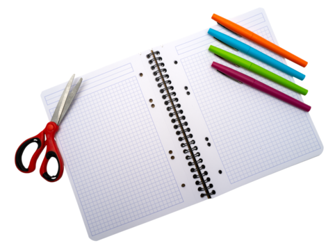 carnet, ciseaux et stylos, PNG sur fond transparent