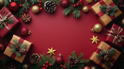 christmas frame gift boxes with xmas tree branches golden stars,baubles on red background flat lay top view copy space christmas banner mockup festive website header template.
