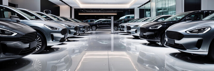 Futuristic cars in sleek showroom highlight contemporary automotive design and elegance