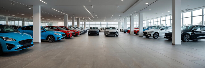 Spacious, modern showroom features array of colorful cars arranged neatly