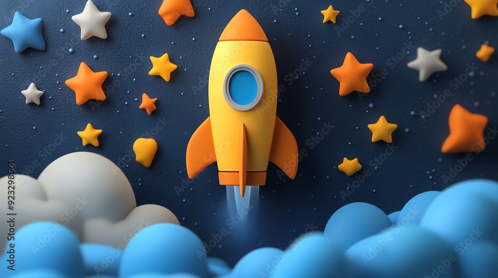 Poster Rocket Launch in a Starry Sky with Clouds.