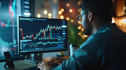 Fototapeta premium A man looking at the stock market graph on the computer screen.