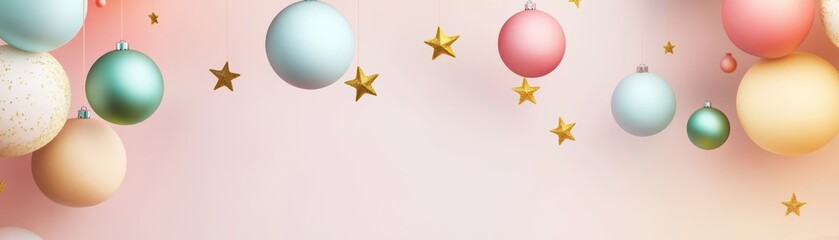 Pastel-colored Christmas ornaments and glittery golden stars hang elegantly against a soft, gradient background in a festive display.