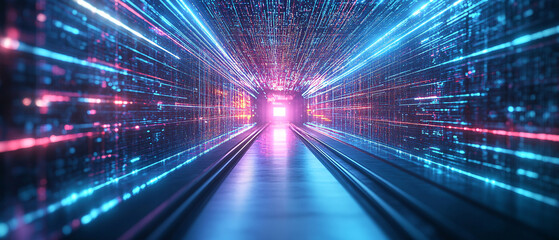 Abstract Digital Tunnel with Glowing Lines and Binary Code