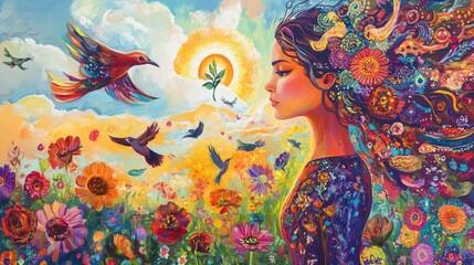 Fototapeta premium Ethereal Landscape of Empowerment, a vibrant portrayal of a woman nurturing love, surrounded by flowers and birds, symbolizing hope, freedom, and women's rights amidst nature.