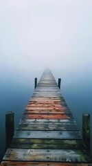 Obraz premium 40 Empty boardwalk extending over calm water bird's-eye view morning