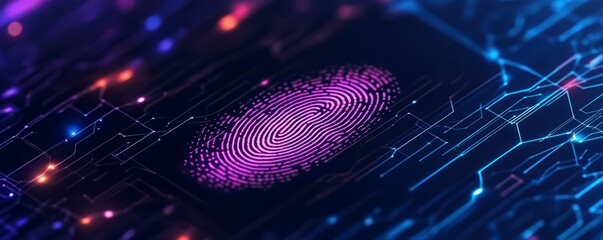 A vivid digital fingerprint on a futuristic circuit board background, symbolizing advanced security and technology integration.