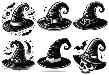 Witch hats vector icons, black and white, Halloween symbols, spooky decoration elements