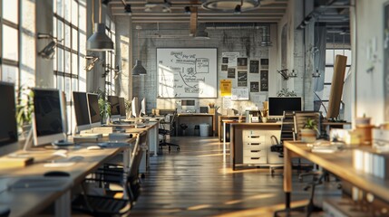 Naklejka premium Creative Workspace Modern Tech Startup Office with Inspirational Quotes Monitors and Collaborative Whiteboard in Soft Morning Light